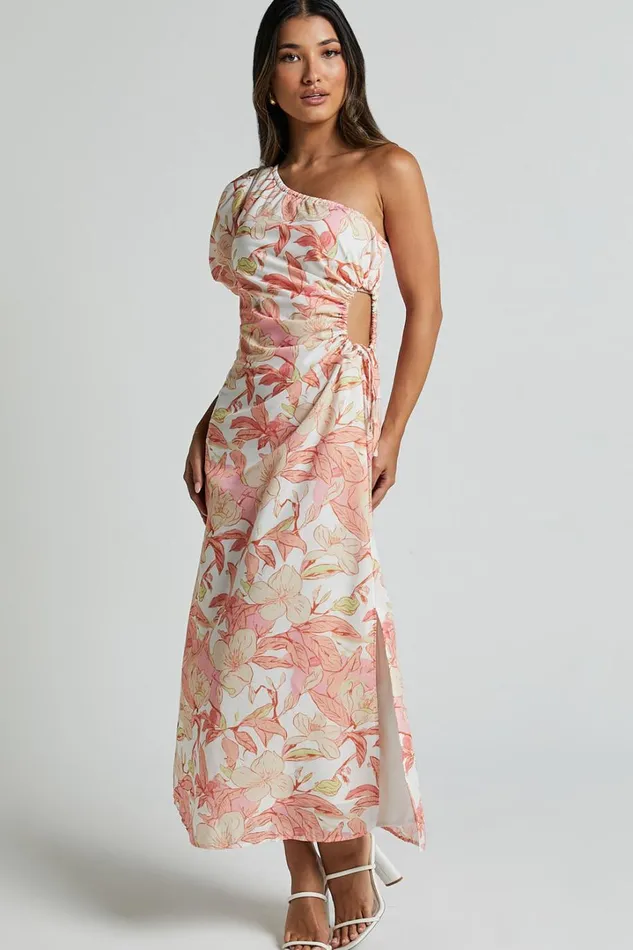 Amisha Midi Dress 8211 One Shoulder Puff Sleeve Side Cut Out Dress In Floral Print Women Showpo Dresses