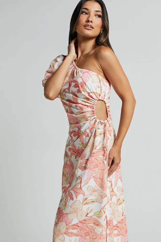 Amisha Midi Dress 8211 One Shoulder Puff Sleeve Side Cut Out Dress In Floral Print Women Showpo Dresses