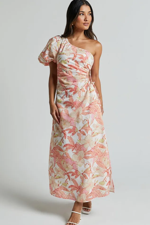 Amisha Midi Dress 8211 One Shoulder Puff Sleeve Side Cut Out Dress In Floral Print Women Showpo Dresses