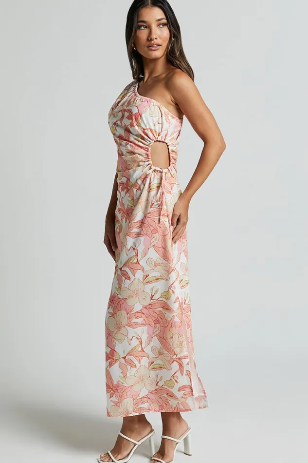 Amisha Midi Dress 8211 One Shoulder Puff Sleeve Side Cut Out Dress In Floral Print Women Showpo Dresses