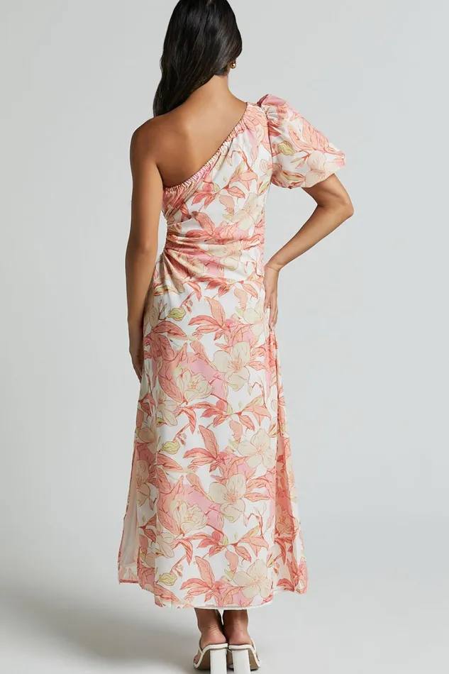 Amisha Midi Dress 8211 One Shoulder Puff Sleeve Side Cut Out Dress In Floral Print Women Showpo Dresses