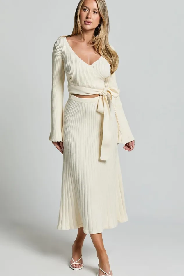 Andreia Midi Dress 8211 Knitted Wrap Long Sleeve Dress In Cream Women Showpo Dresses
