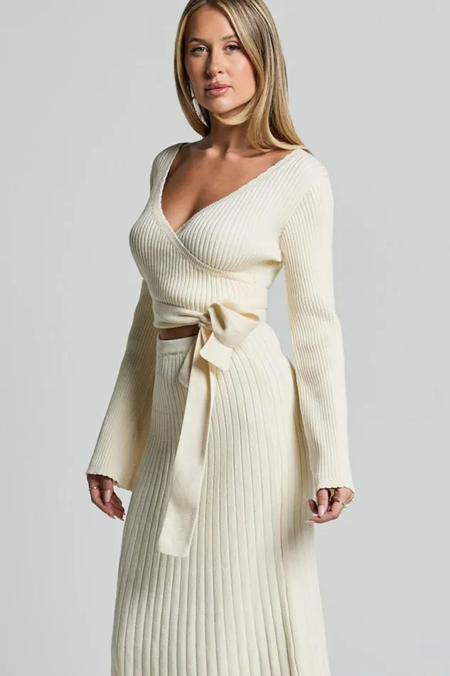 Andreia Midi Dress 8211 Knitted Wrap Long Sleeve Dress In Cream Women Showpo Dresses