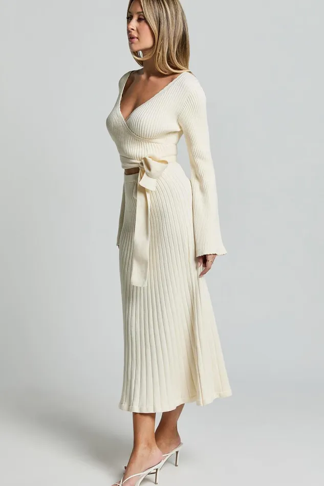 Andreia Midi Dress 8211 Knitted Wrap Long Sleeve Dress In Cream Women Showpo Dresses