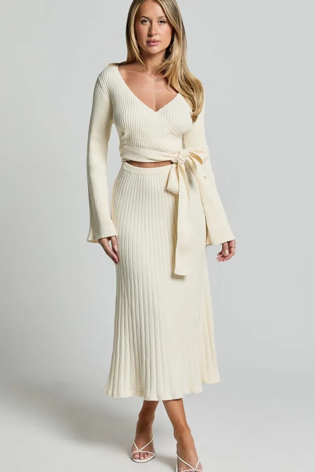 Andreia Midi Dress 8211 Knitted Wrap Long Sleeve Dress In Cream Women Showpo Dresses