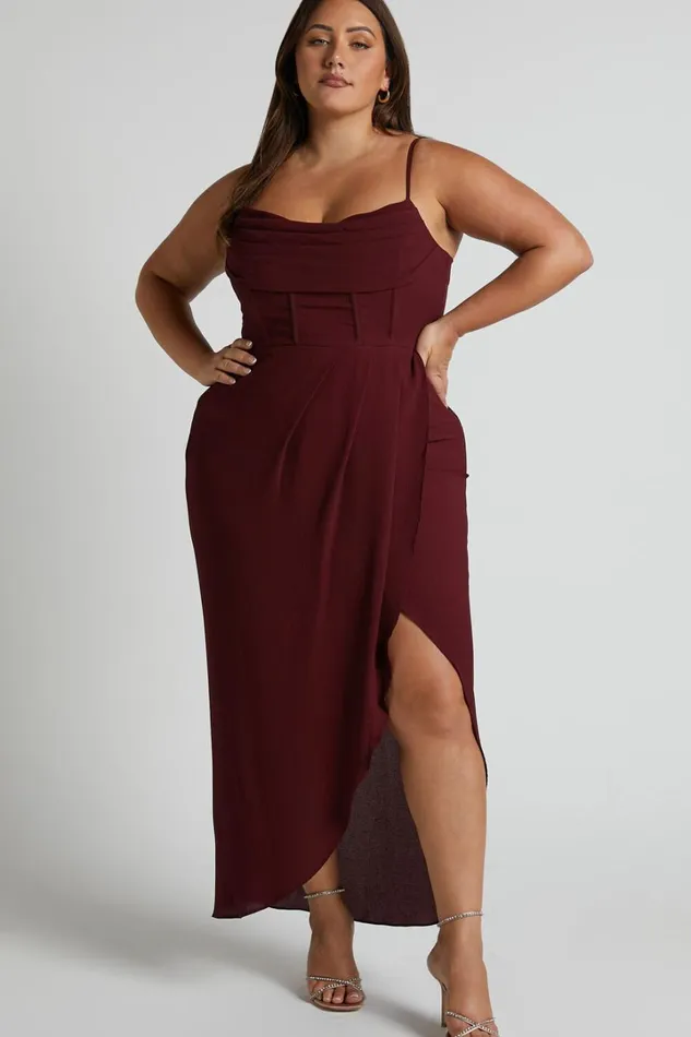 Andrina Midi Dress 8211 High Low Wrap Corset Dress In Wine Women Showpo Curve Clothes