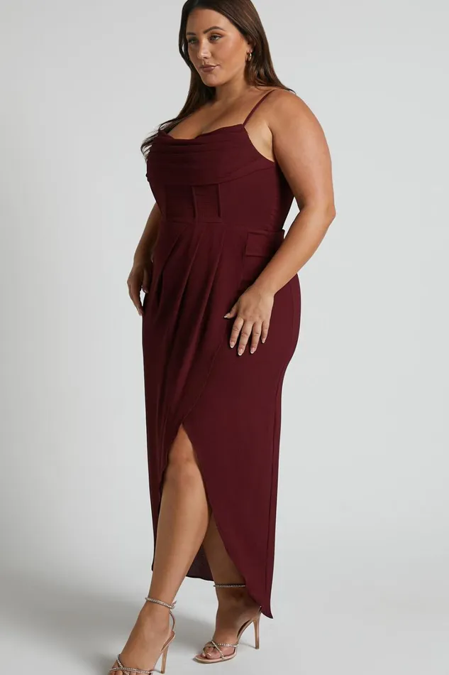 Andrina Midi Dress 8211 High Low Wrap Corset Dress In Wine Women Showpo Curve Clothes
