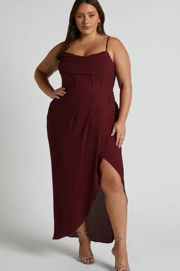 Andrina Midi Dress 8211 High Low Wrap Corset Dress In Wine Women Showpo Curve Clothes