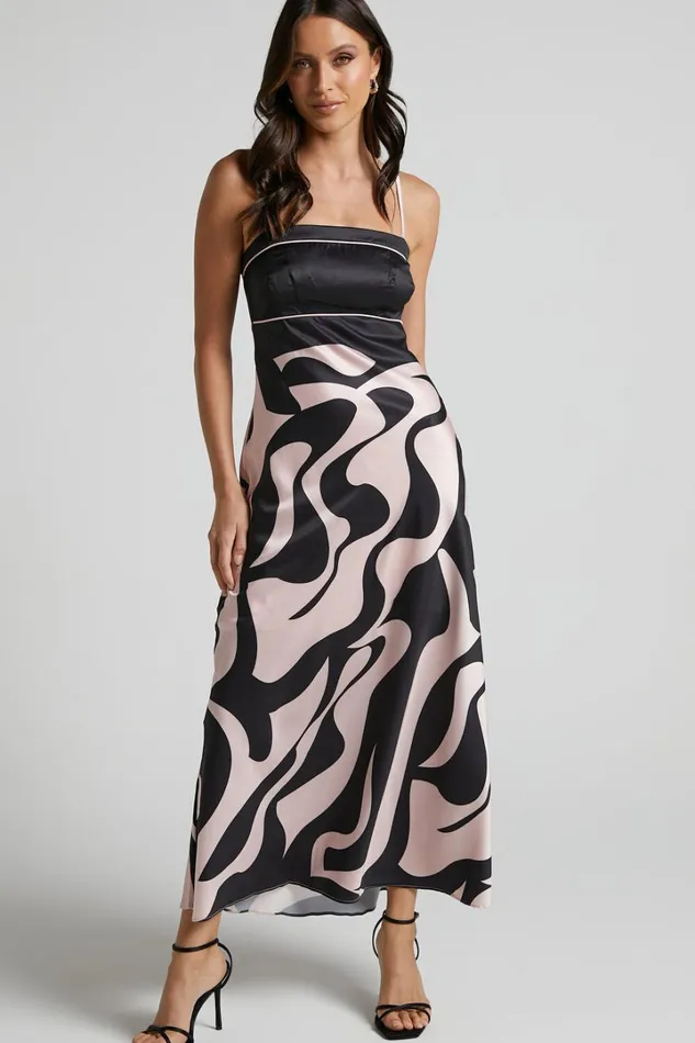 Angela Midi Dress 8211 Thin Strap A Line Dress In Black and Cream Swirl Women Showpo Dresses Angela Midi Dress 8211 Thin Strap A Line Dress In Black and Cream Swirl Women Showpo Dresses