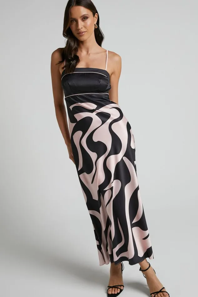 Angela Midi Dress 8211 Thin Strap A Line Dress In Black and Cream Swirl Women Showpo Dresses