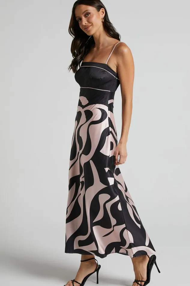 Angela Midi Dress 8211 Thin Strap A Line Dress In Black and Cream Swirl Women Showpo Dresses