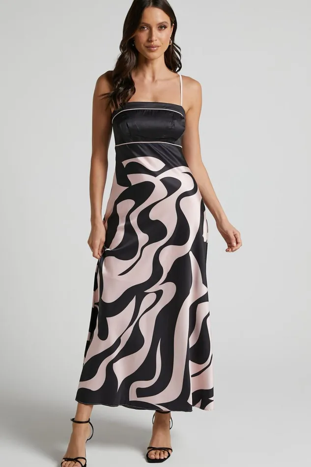 Angela Midi Dress 8211 Thin Strap A Line Dress In Black and Cream Swirl Women Showpo Dresses
