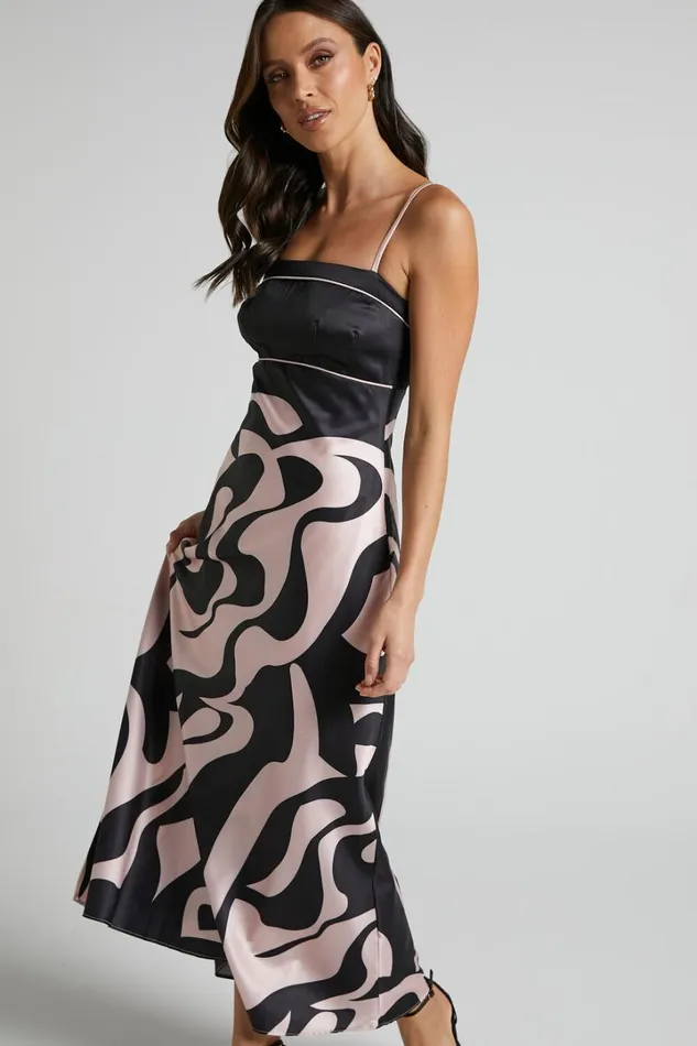 Angela Midi Dress 8211 Thin Strap A Line Dress In Black and Cream Swirl Women Showpo Dresses