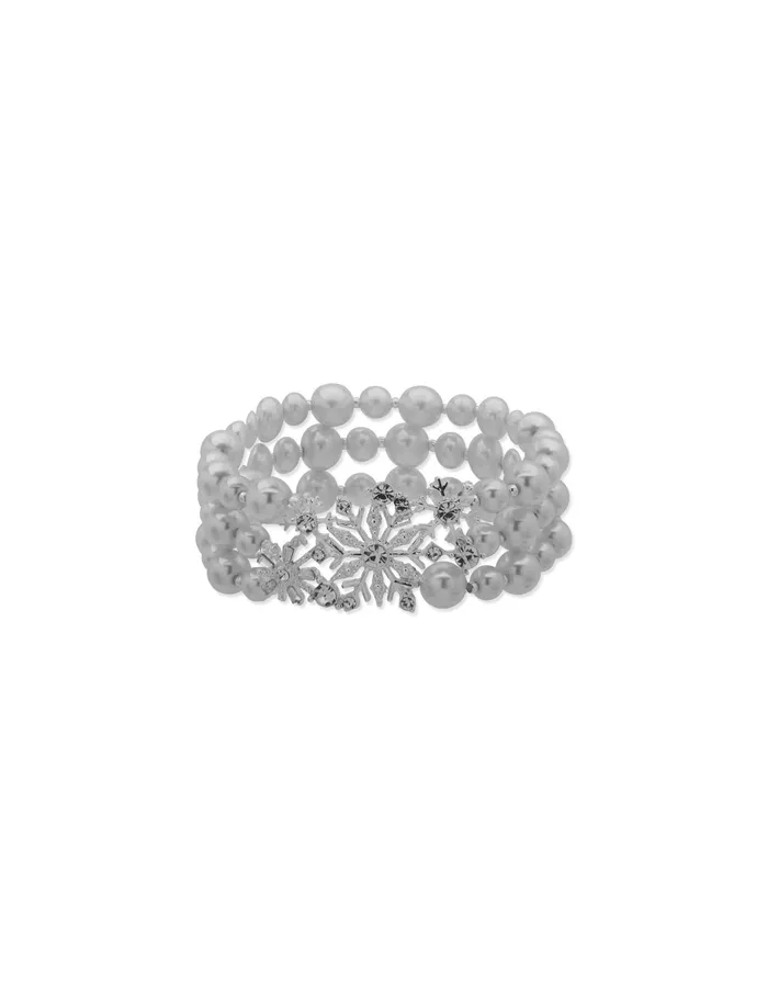Anne Klein 3 Row Snowflake Faux Pearl Stretch Bracelet Silver Tone Women Watches 038 Jewelry