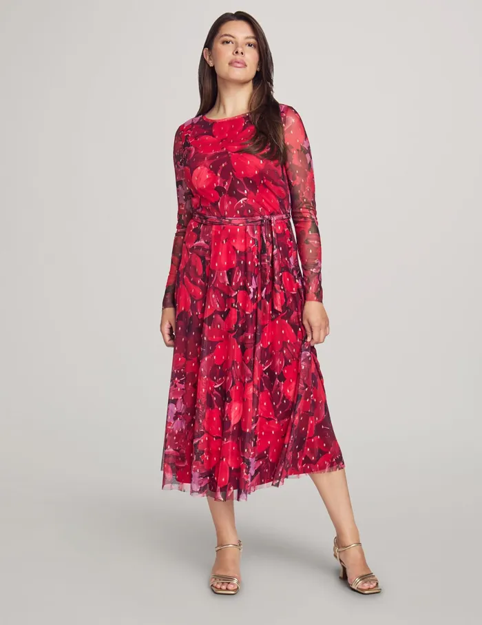 Anne Klein Crew Neck Midi Dress With Sash Titian Red Multi Women Clothing