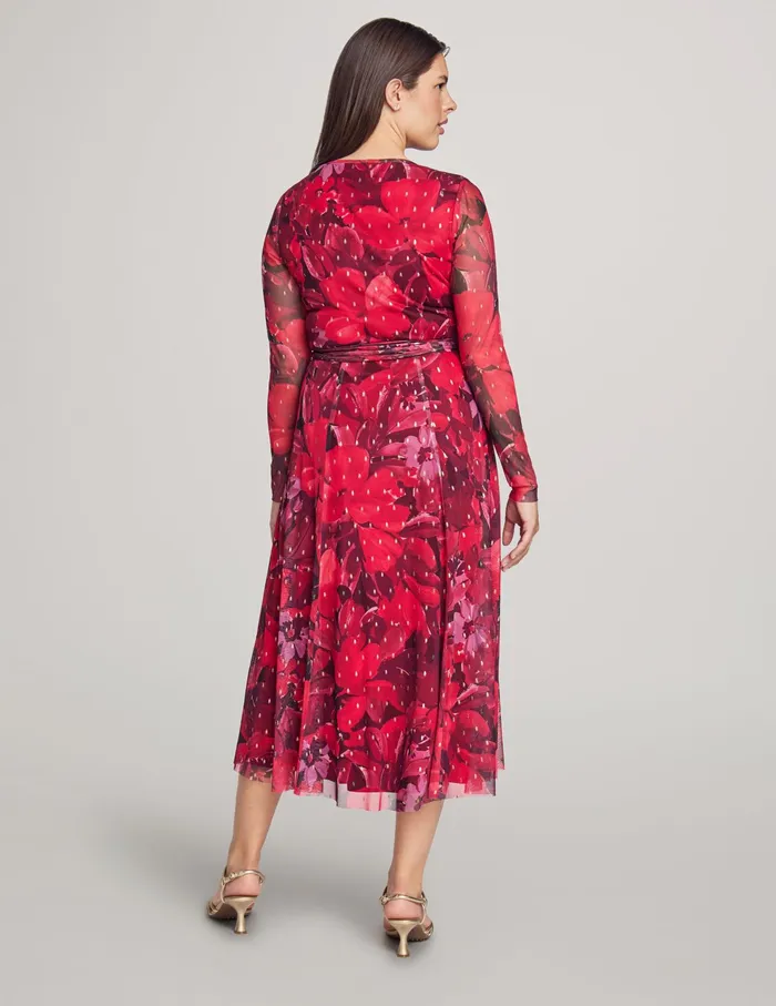 Anne Klein Crew Neck Midi Dress With Sash Titian Red Multi Women Clothing
