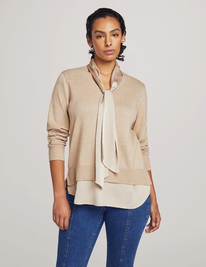 Anne Klein Lurex Layered Sweater With Tie Neck Light Coffee Women Clothing