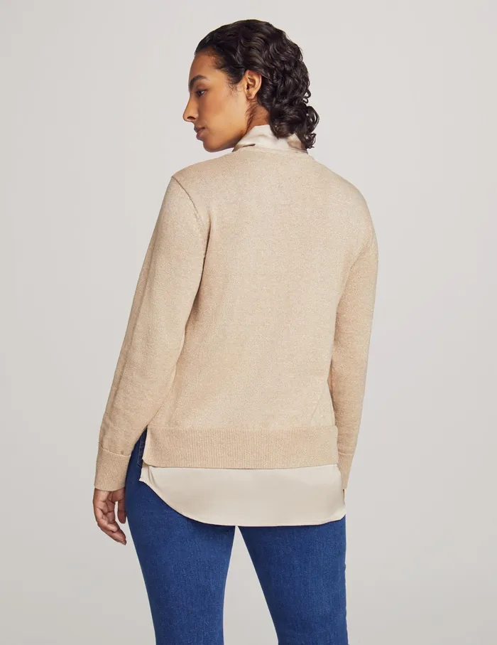 Anne Klein Lurex Layered Sweater With Tie Neck Light Coffee Women Clothing