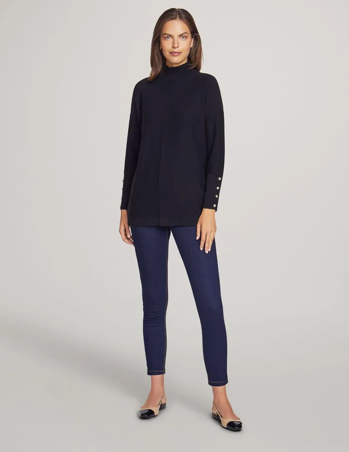 Anne Klein Mock Neck Long Sleeve Sweater With Buttons Anne Black Women Clothing