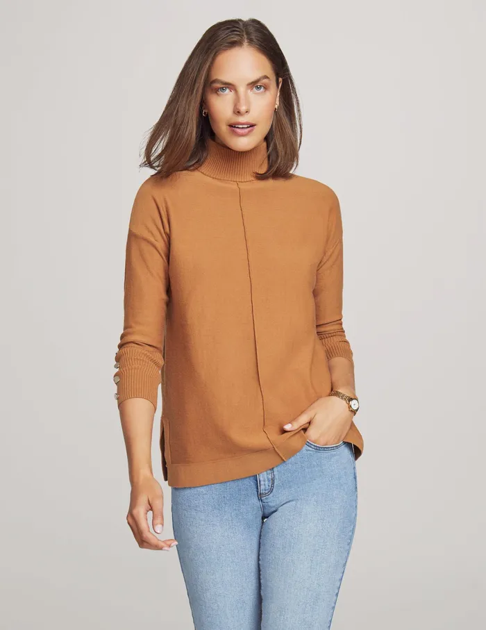 Anne Klein Mock Neck Long Sleeve Sweater With Buttons Vicuna Women Clothing
