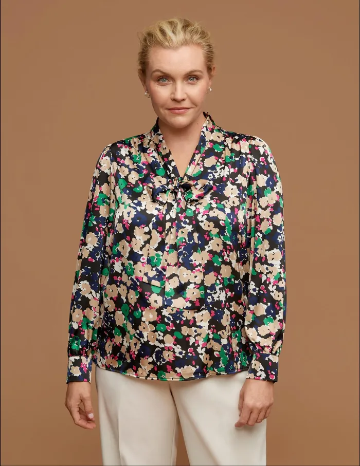 Anne Klein Plus Size Long Sleeve TieNeck Printed Blouse Anne Black Women Clothing