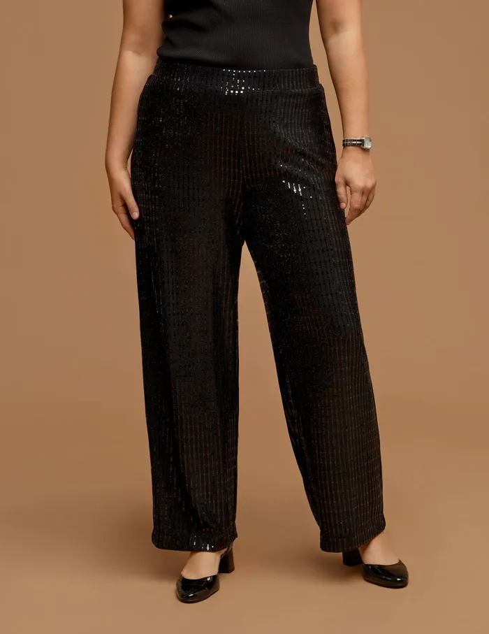 Anne Klein Plus Size Pull On Linear Shine Wide Leg Pant Anne Black Women Clothing