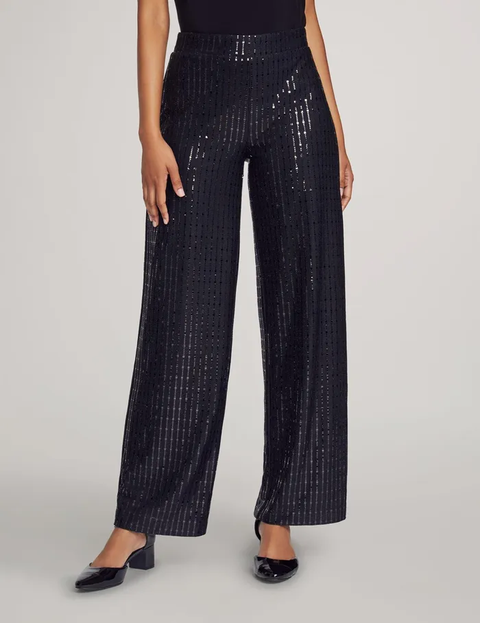 Anne Klein Pull On Linear Shine Wide Leg Pant Anne Black Women Clothing