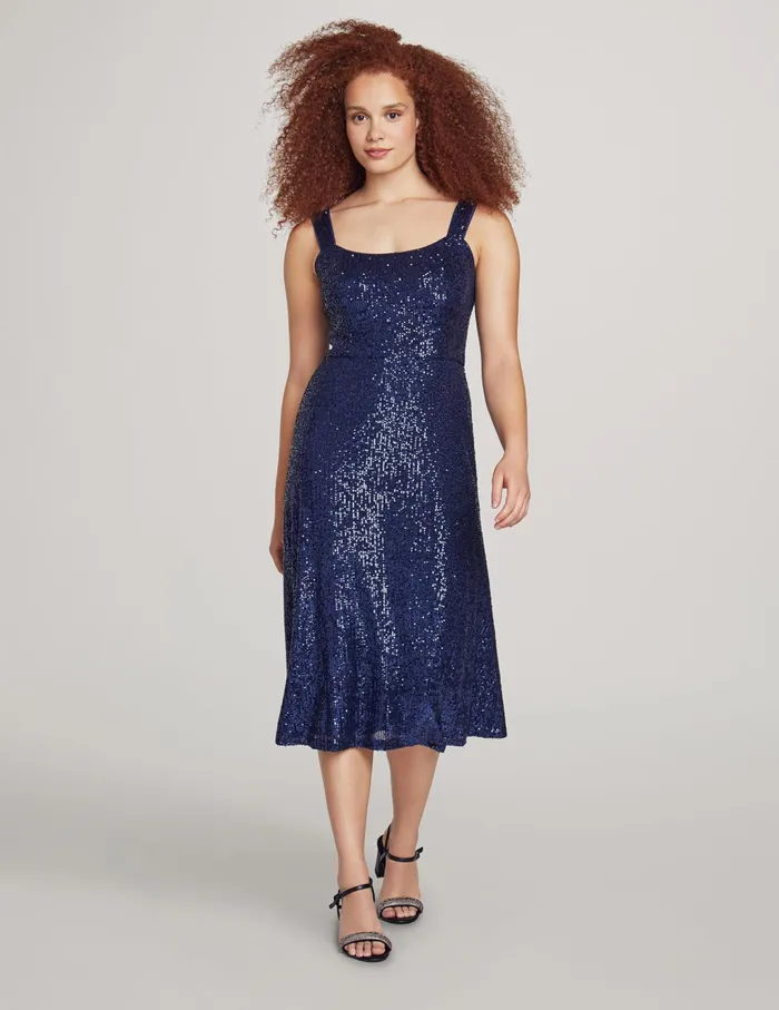 Anne Klein Scooped Neck Sequin Midi Dress Distant Mountain Women Clothing