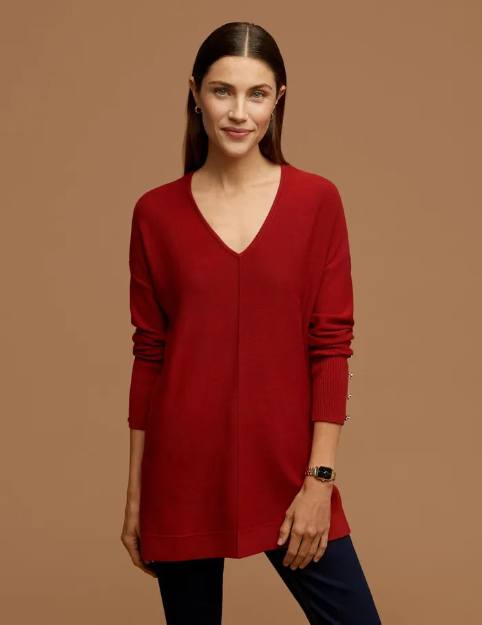 Anne Klein V Neck Long Sleeve With Buttons Titian Red Women Clothing