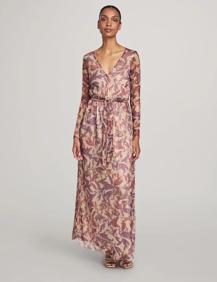 Anne Klein V Neck Maxi Pleated Dress Vicuna Multi Women Clothing
