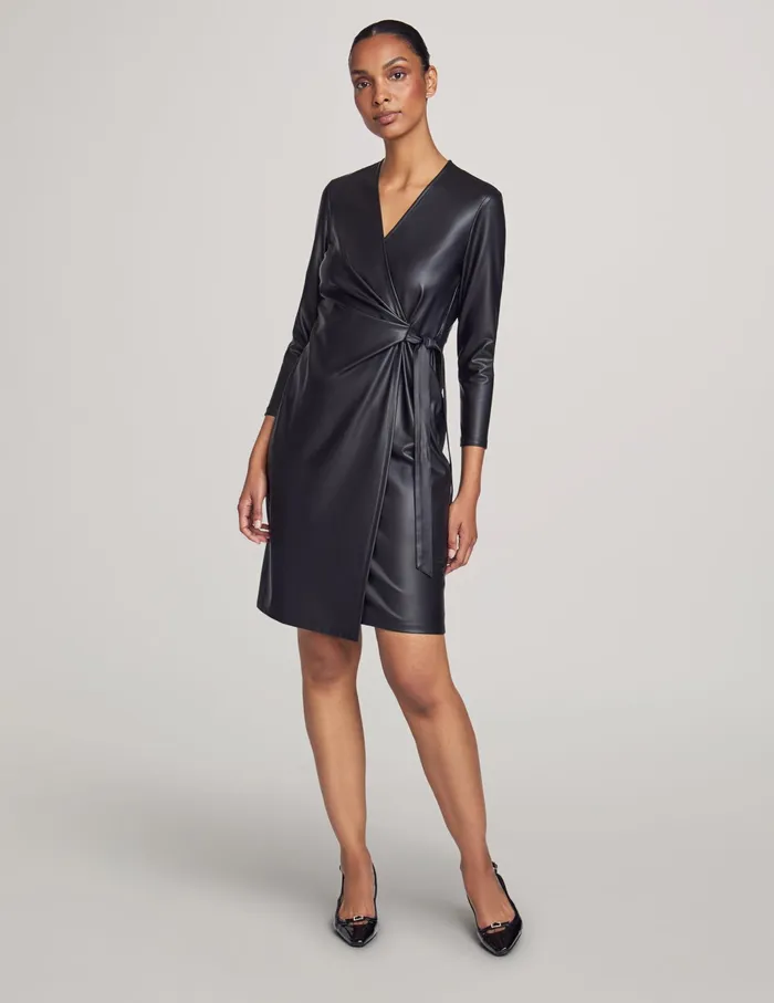 Anne Klein Vegan Leather Classic Wrap Dress Anne Black Women Clothing