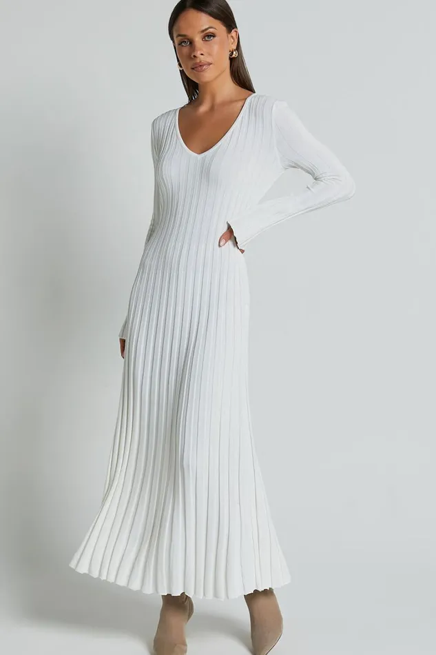 Astra Midi Dress 8211 V Neck Long Sleeve Knit Dress In White Women Showpo Knitwear