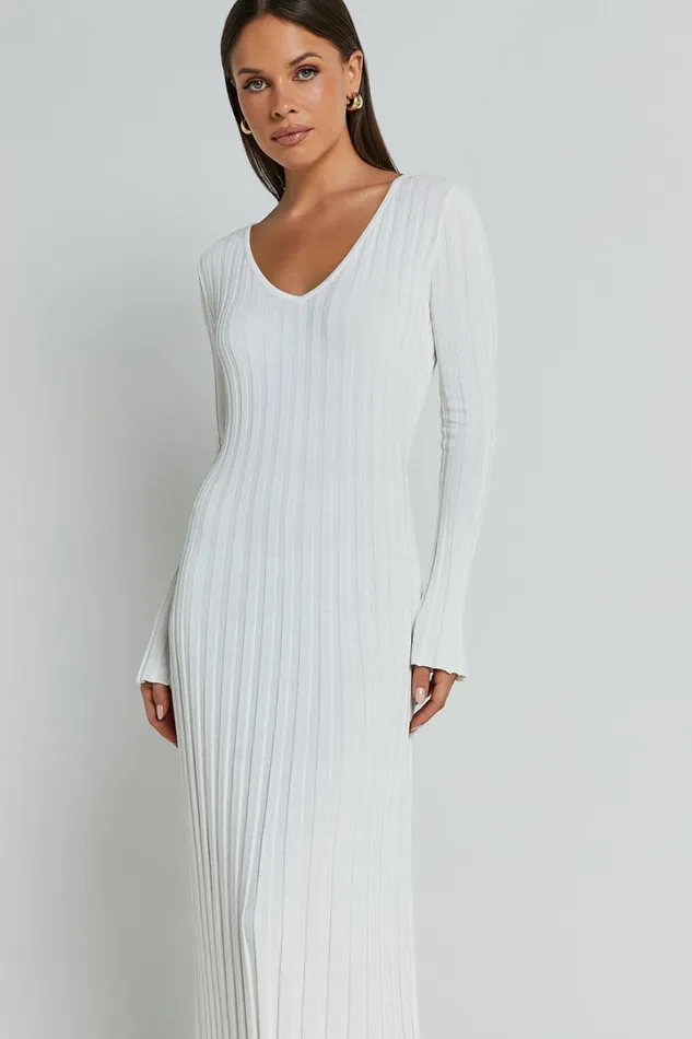 Astra Midi Dress 8211 V Neck Long Sleeve Knit Dress In White Women Showpo Knitwear