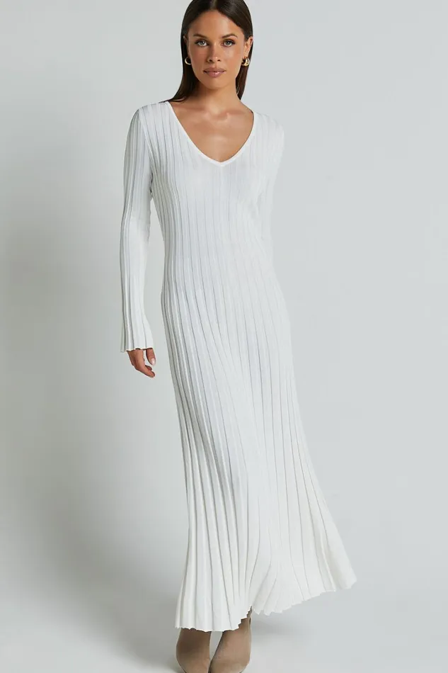 Astra Midi Dress 8211 V Neck Long Sleeve Knit Dress In White Women Showpo Knitwear