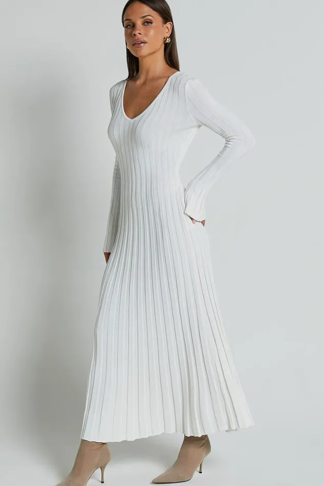 Astra Midi Dress 8211 V Neck Long Sleeve Knit Dress In White Women Showpo Knitwear