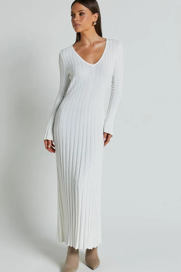Astra Midi Dress 8211 V Neck Long Sleeve Knit Dress In White Women Showpo Knitwear