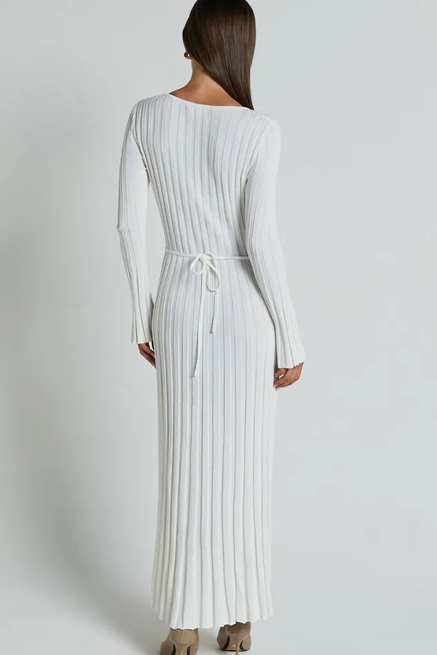 Astra Midi Dress 8211 V Neck Long Sleeve Knit Dress In White Women Showpo Knitwear