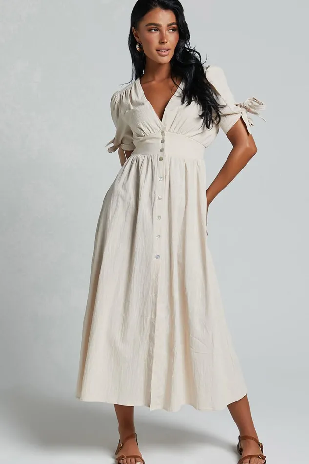 Avegail Midi Dress 8211 V Neck Button Through Short Sleeve Dress In Bone Women Showpo Curve Clothes