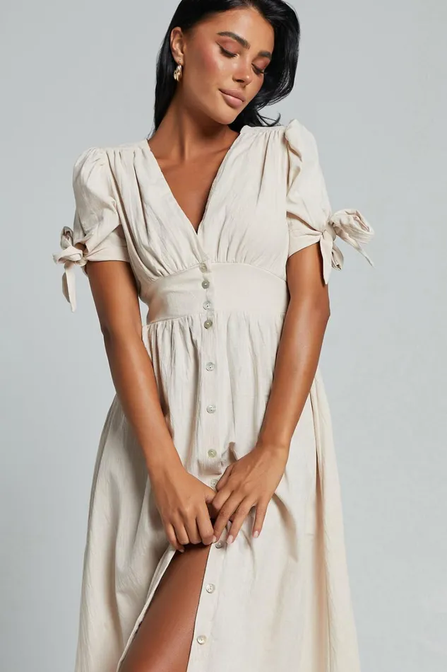 Avegail Midi Dress 8211 V Neck Button Through Short Sleeve Dress In Bone Women Showpo Curve Clothes