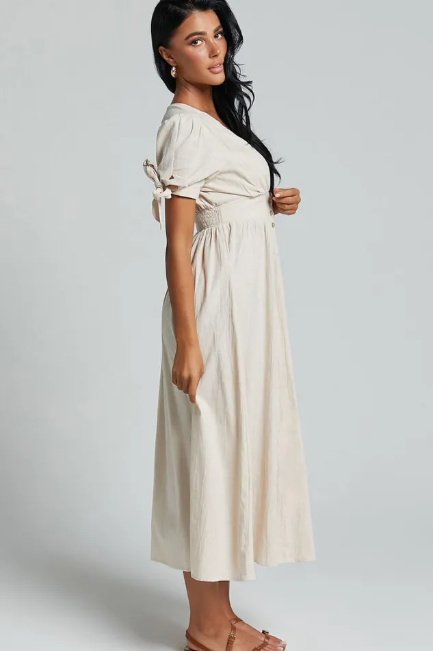 Avegail Midi Dress 8211 V Neck Button Through Short Sleeve Dress In Bone Women Showpo Curve Clothes