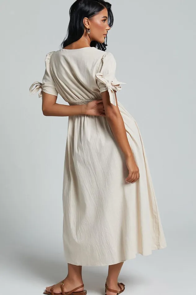 Avegail Midi Dress 8211 V Neck Button Through Short Sleeve Dress In Bone Women Showpo Curve Clothes