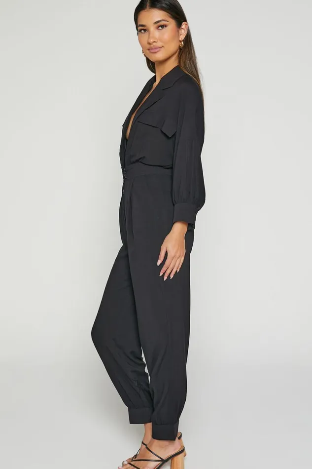 Ayelin Jumpsuit 8211 Linen Look Relaxed 34 Sleeve Jumpsuit In Black Women Showpo Jumpsuits