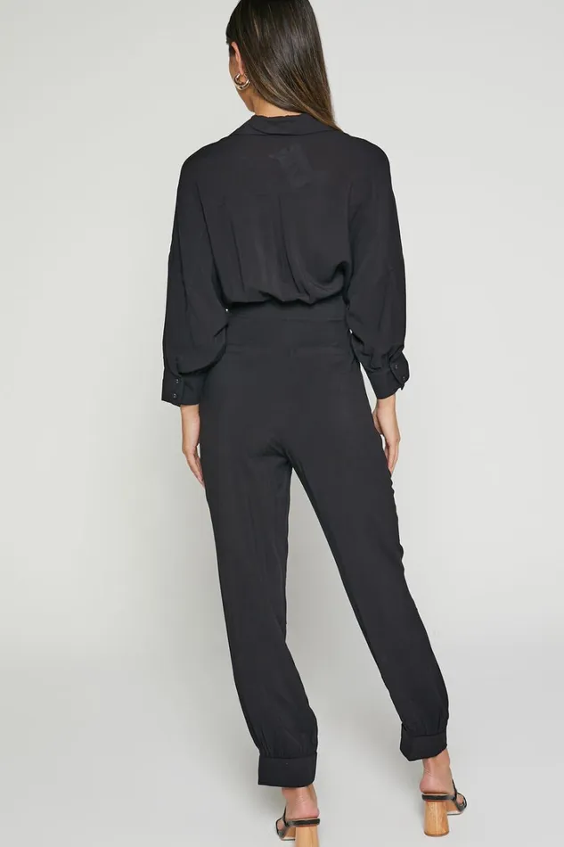Ayelin Jumpsuit 8211 Linen Look Relaxed 34 Sleeve Jumpsuit In Black Women Showpo Jumpsuits