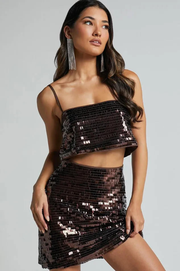 Barlyn Mini Skirt 8211 High Waisted Aline Flat Sequin Skirt In Chocolate Women Showpo Skirts Barlyn Mini Skirt 8211 High Waisted Aline Flat Sequin Skirt In Chocolate Women Showpo Skirts
