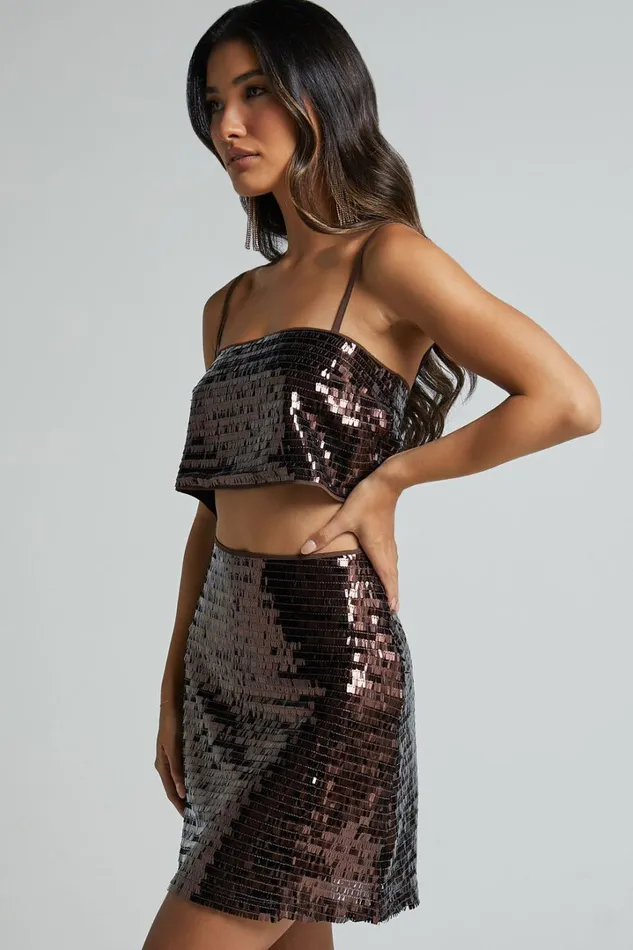 Barlyn Mini Skirt 8211 High Waisted Aline Flat Sequin Skirt In Chocolate Women Showpo Skirts
