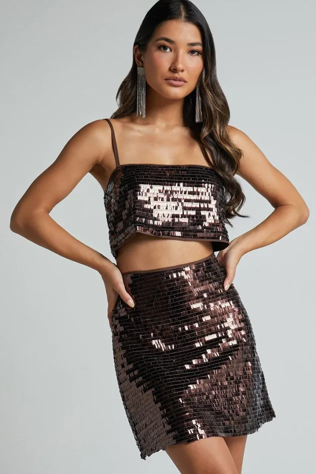 Barlyn Mini Skirt 8211 High Waisted Aline Flat Sequin Skirt In Chocolate Women Showpo Skirts