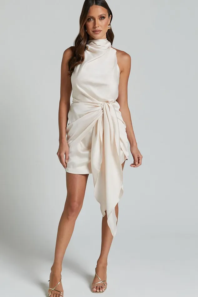 Behati Mini Dress 8211 High Neck Wrap In Oyster Women Showpo Dresses