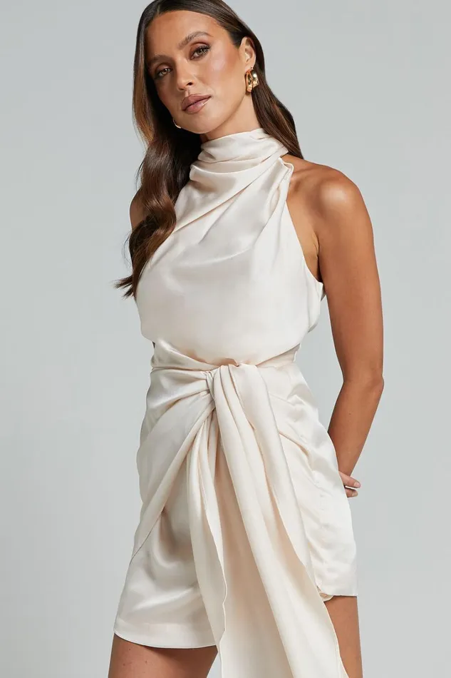 Behati Mini Dress 8211 High Neck Wrap In Oyster Women Showpo Dresses