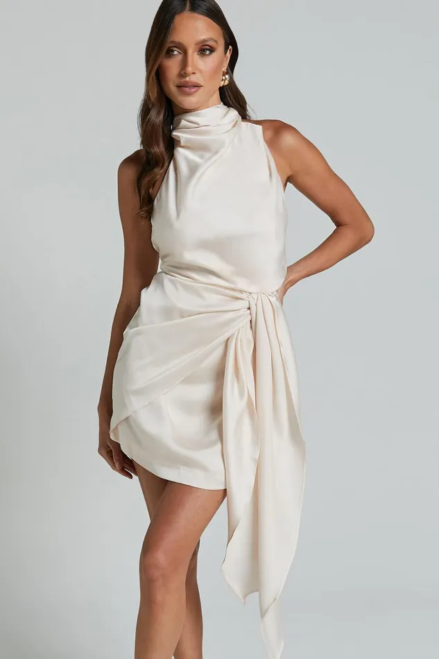 Behati Mini Dress 8211 High Neck Wrap In Oyster Women Showpo Dresses