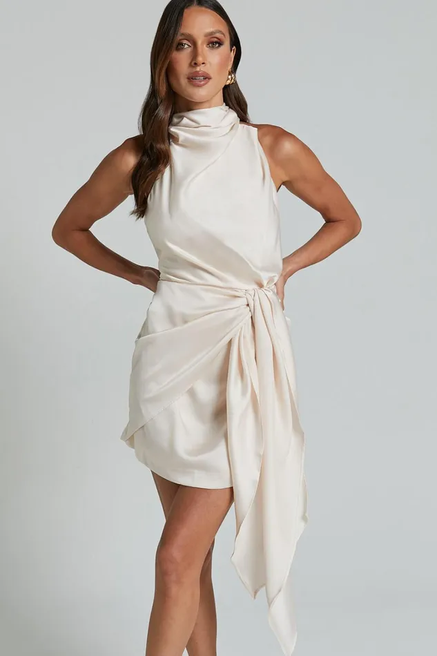 Behati Mini Dress 8211 High Neck Wrap In Oyster Women Showpo Dresses
